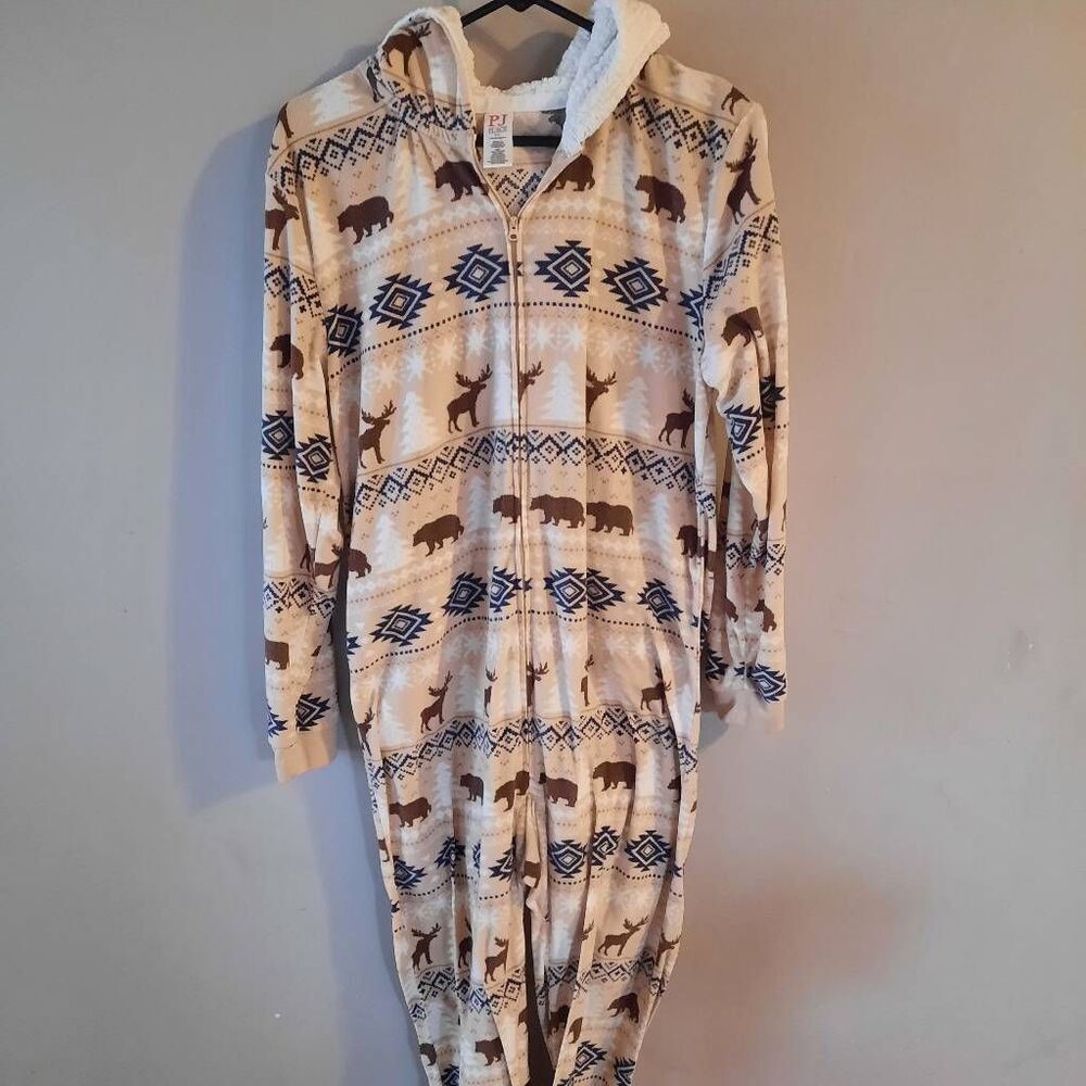 Mens One Piece Holiday Winter Zip Up Wildlife Pajamas